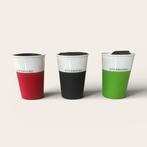 Starbucks Ceramic Travel Mugs Set Red Black Green Silicone Grip 8oz Lids Coffee